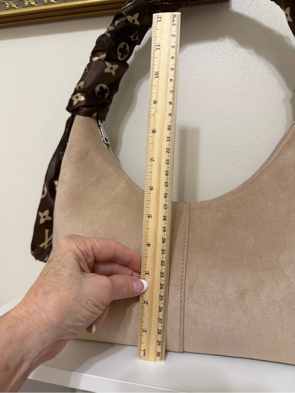 Suede Crescent Shoulder Bag in Beige